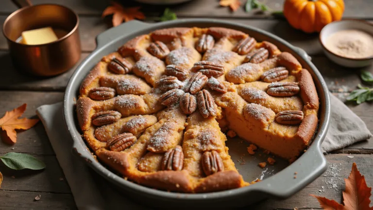 Overhead view of a golden-brown pumpkin dump cake in a ceramic dish, topped with glistening maple-glazed pecans and powdered sugar, set on a rustic wooden table with autumn decor.