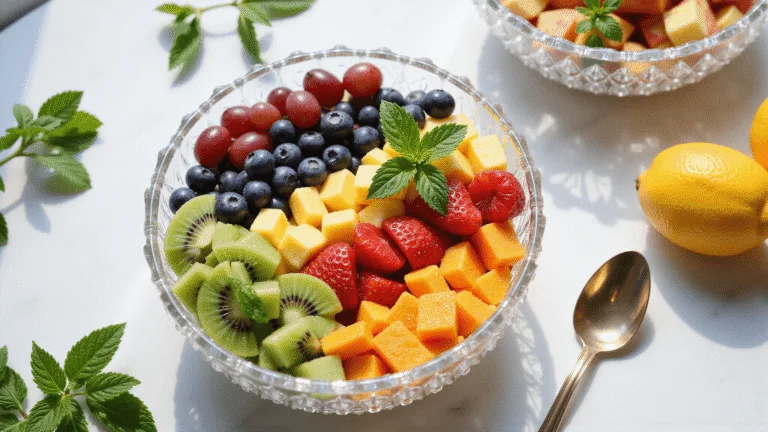 Cinematic overhead view of a crystal bowl filled with a vibrant fruit salad, featuring strawberries, blueberries, grapes, pineapple, mandarin oranges, kiwi, and apple, garnished with mint. Natural sunlight highlights the colors and a light citrus dressing, with a vintage spoon nearby on a marble or wooden surface. Soft bokeh in the background.