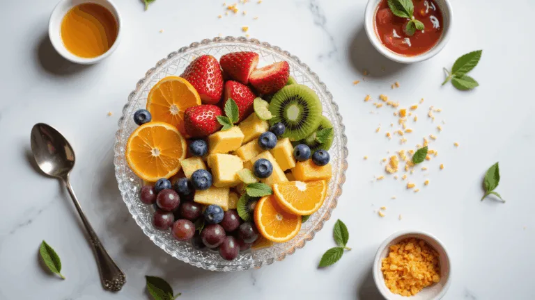 A vibrant overhead shot of a crystal bowl filled with colorful fruit salad, including strawberries, blueberries, pineapple, kiwi, grapes, and mandarin oranges, with a citrus honey dressing, mint leaves, and coconut shavings, set on a white marble surface.