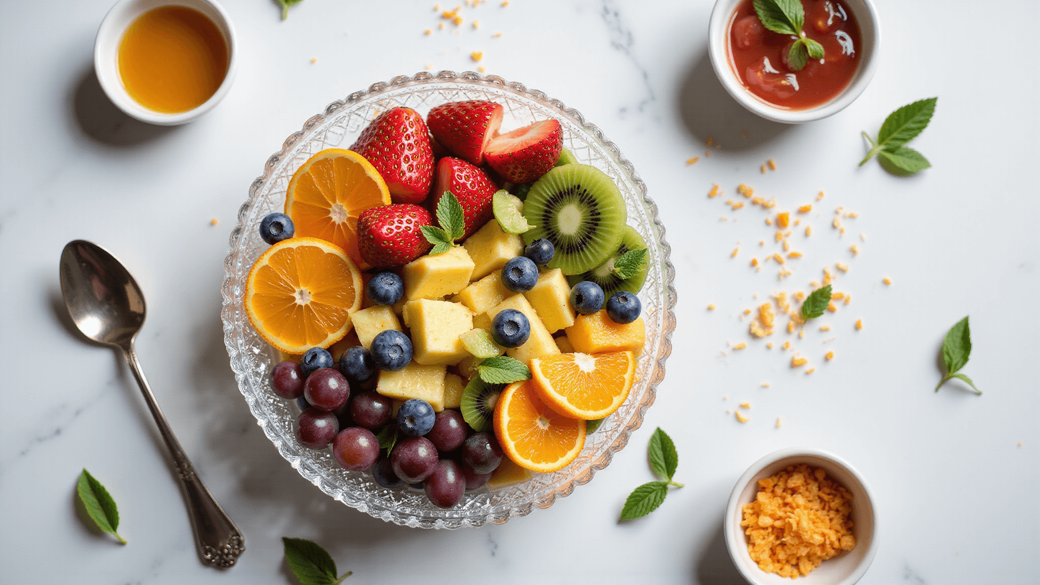 A vibrant overhead shot of a crystal bowl filled with colorful fruit salad, including strawberries, blueberries, pineapple, kiwi, grapes, and mandarin oranges, with a citrus honey dressing, mint leaves, and coconut shavings, set on a white marble surface.