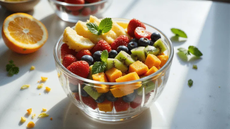 Overhead shot of a vibrant summer fruit salad in a crystal bowl, featuring rainbow layers of strawberries, grapes, pineapple, orange segments, kiwi, and blueberries, drizzled with honey-citrus dressing, set against a white marble countertop with fresh mint and citrus zest.