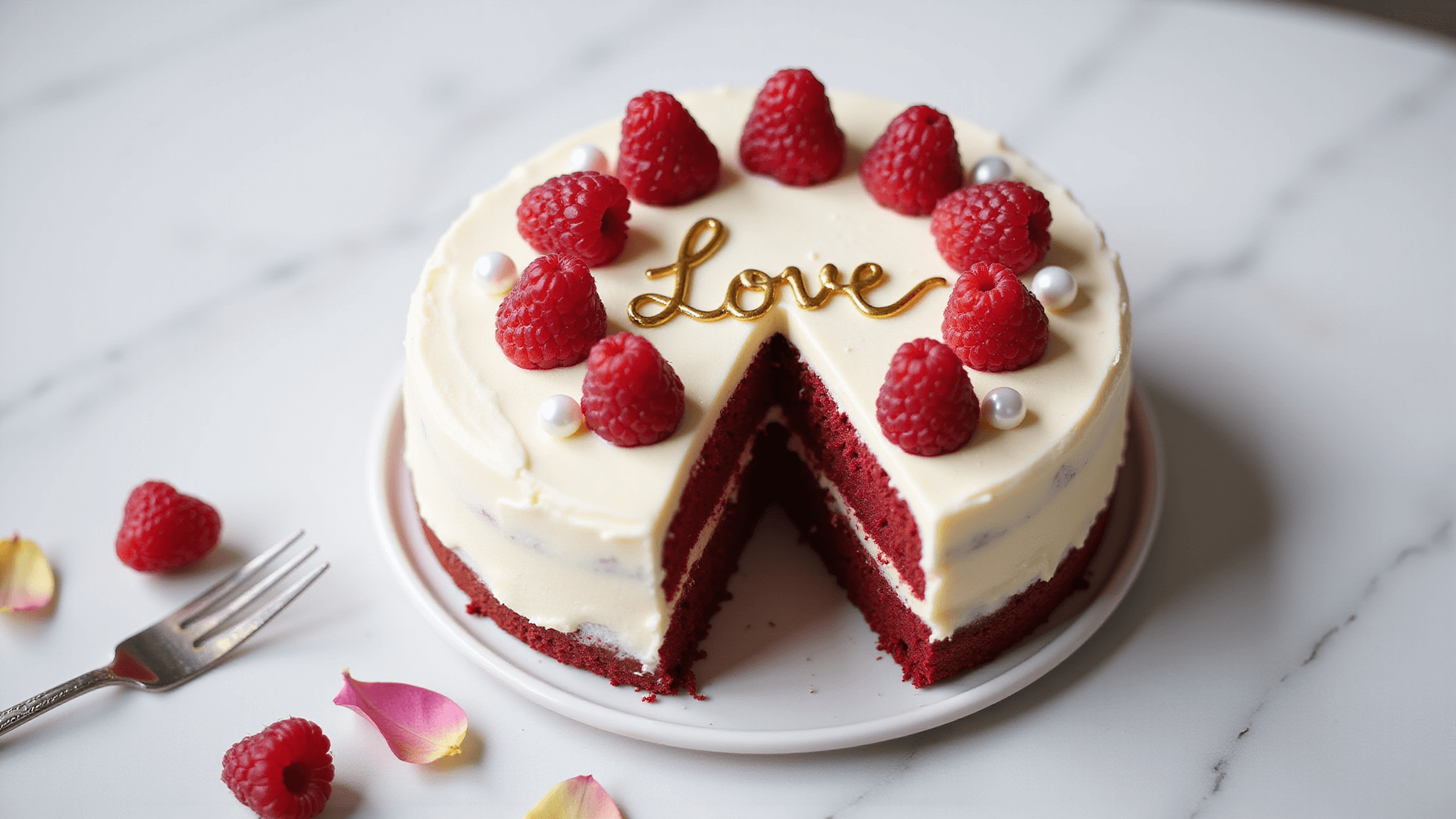 An overhead view of a small red velvet bento cake with smooth cream cheese frosting, gold 'Love' lettering, and fresh raspberries, displayed on white marble with a vintage silver dessert fork and rose petals.