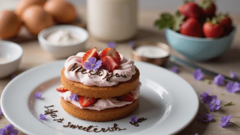 A delicate miniature bento cake with pastel pink buttercream rosettes and heart-shaped strawberry slices, displayed on a matte white plate, surrounded by blurred baking ingredients in soft afternoon sunlight.