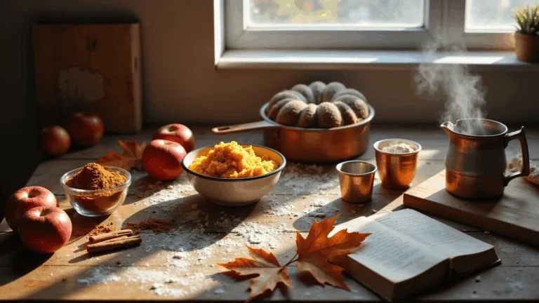 Photorealistic rustic kitchen scene bathed in warm morning light, featuring vintage glass bowls with fall spices, fresh red apples, golden pumpkin puree, and flour-dusted copper measuring cups, alongside a leather-bound recipe book and an enamel coffee mug with steam, all set on a weathered wooden counter.