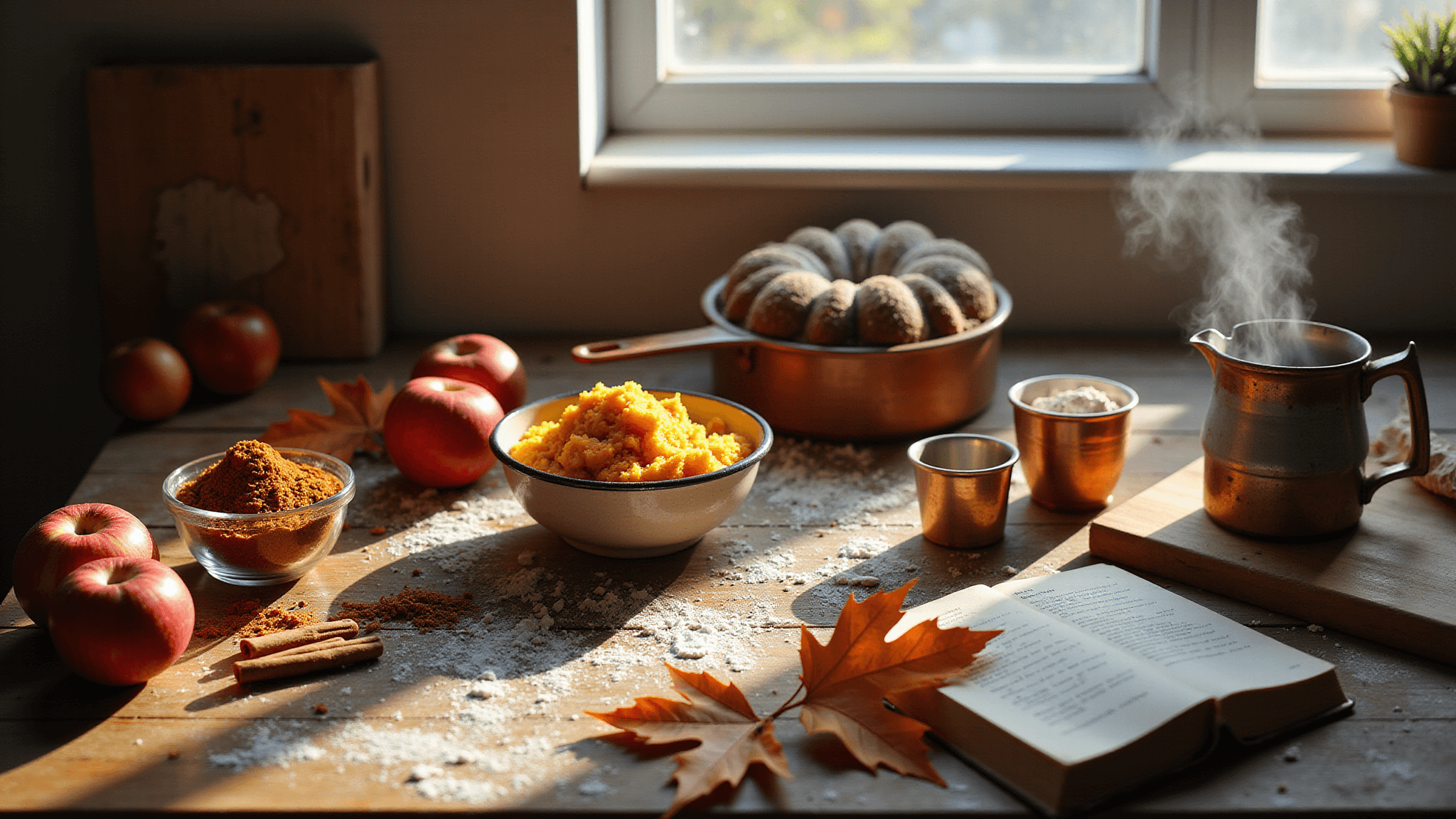 Photorealistic rustic kitchen scene bathed in warm morning light, featuring vintage glass bowls with fall spices, fresh red apples, golden pumpkin puree, and flour-dusted copper measuring cups, alongside a leather-bound recipe book and an enamel coffee mug with steam, all set on a weathered wooden counter.