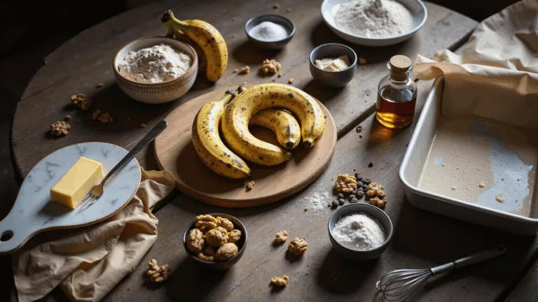 A rustic kitchen scene featuring overripe bananas on a wooden cutting board, vintage mixing bowls, flour and sugar in measuring cups, golden butter, vanilla beans, walnuts, and chocolate chips, all bathed in warm morning sunlight.