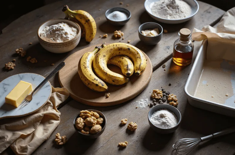 A rustic kitchen scene featuring overripe bananas on a wooden cutting board, vintage mixing bowls, flour and sugar in measuring cups, golden butter, vanilla beans, walnuts, and chocolate chips, all bathed in warm morning sunlight.