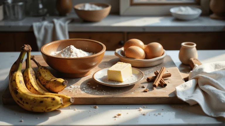 Photorealistic food photography of a rustic kitchen with natural sunlight illuminating banana bread ingredients on a marble countertop, including overripe bananas, softened butter, farm-fresh eggs, and flour-dusted measuring cups, all styled with a warm color palette and vintage kitchen tools.