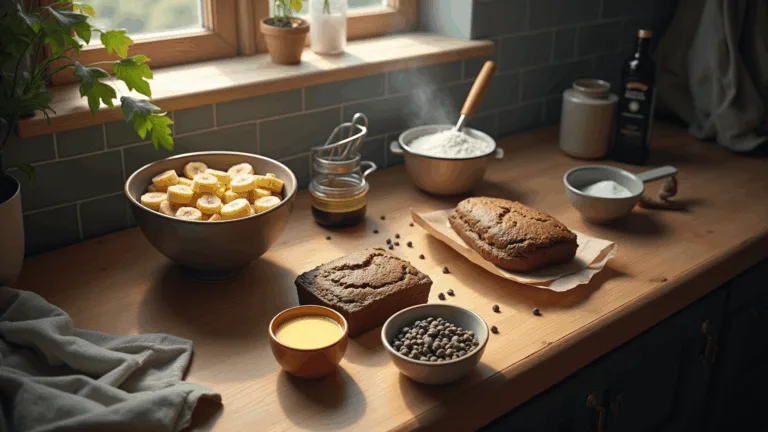 Photorealistic overhead shot of a rustic kitchen countertop featuring a vintage mixing bowl with mashed bananas, melted butter, chocolate chips, measuring cups, eggs, vanilla extract, and a whisk, illuminated by natural morning light, with textured linen towel and banana leaves adding to the cozy atmosphere.