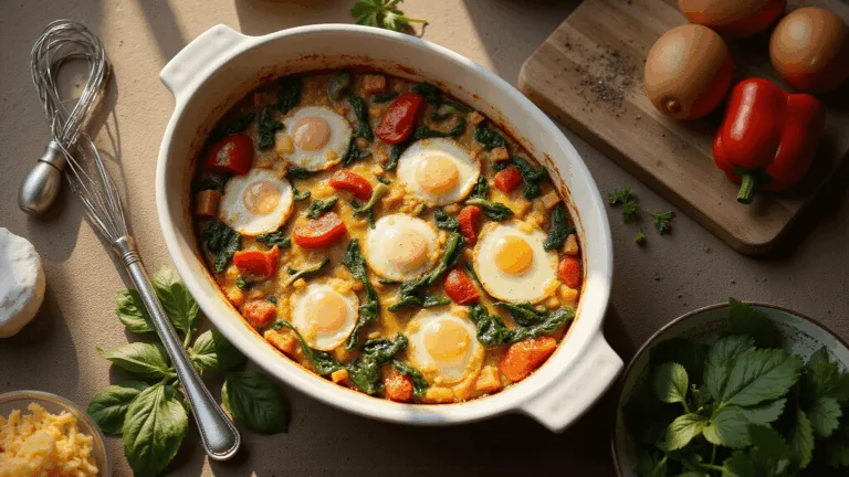 A rustic farmhouse kitchen counter bathed in warm morning sunlight features a glazed ceramic baking dish filled with a golden-brown breakfast casserole, showcasing vibrant vegetables and melted cheddar cheese. Fresh ingredients, including farm-fresh eggs and whole peppers, are scattered around, enhancing the inviting atmosphere of a country breakfast scene.