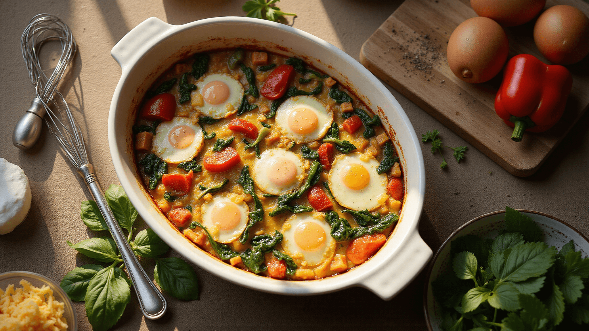 A rustic farmhouse kitchen counter bathed in warm morning sunlight features a glazed ceramic baking dish filled with a golden-brown breakfast casserole, showcasing vibrant vegetables and melted cheddar cheese. Fresh ingredients, including farm-fresh eggs and whole peppers, are scattered around, enhancing the inviting atmosphere of a country breakfast scene.