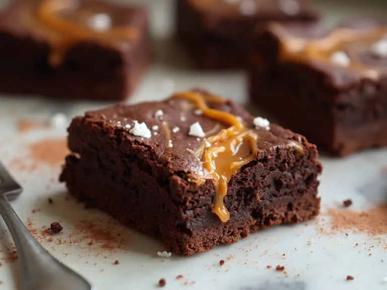 Decadent chocolate brownie squares with glossy salted caramel swirls, set on a white marble surface; features a fudgy texture marbled with golden caramel and garnished with flaky sea salt, with vintage silver fork beside.