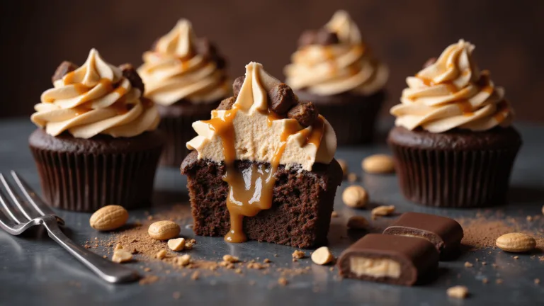 A close-up of a Snickers-inspired cupcake cut in half, showcasing moist chocolate cake with a caramel-peanut center, topped with piped peanut butter frosting and Snickers chunks. The marble surface and blurred background highlight the cupcake arranged with props like a vintage fork and scattered peanuts in warm, rich lighting.