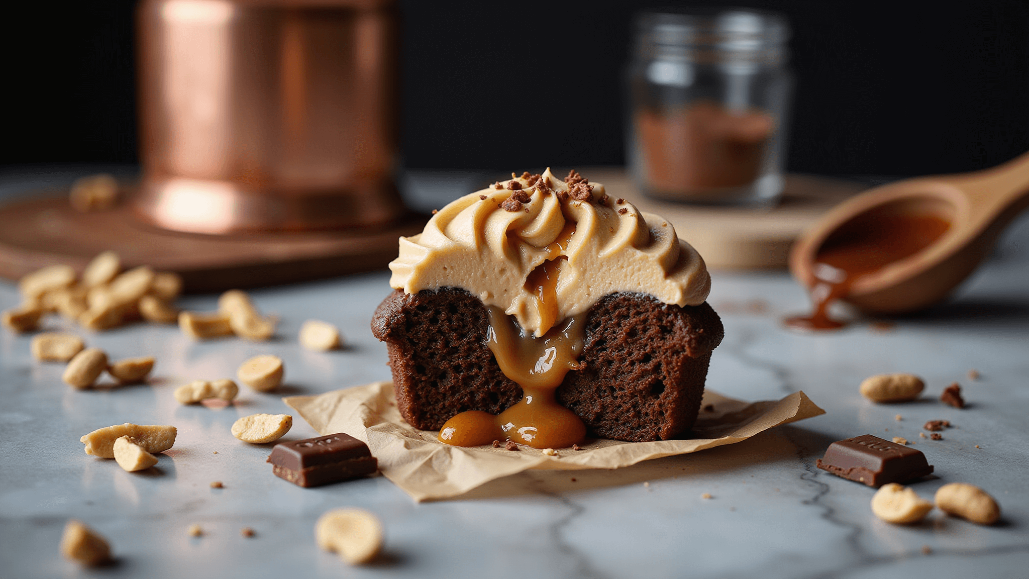 A luxurious chocolate cupcake with swirled peanut butter frosting sits on a marble countertop, showcasing a gooey caramel-peanut filling. Surrounding ingredients include chopped Snickers bars, caramel drizzle, and roasted peanuts, all captured in warm, moody lighting with dramatic shadows. A vintage copper mixer, sifted cocoa powder, and a rustic wooden spoon with melted chocolate are softly blurred in the background.
