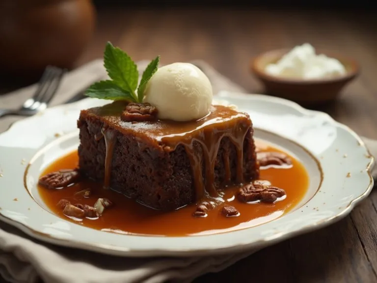 Close-up of sticky toffee pudding with caramel sauce on a white plate, garnished with vanilla ice cream, toasted pecans, and a mint leaf.