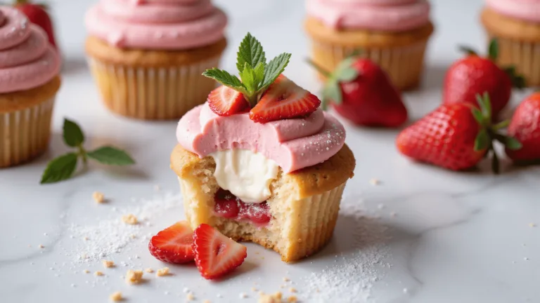 Alt text: "High-resolution image of a strawberry cheesecake cupcake with pink swirled frosting, graham cracker crust, and cream filling on a white marble surface, garnished with strawberry slices and mint leaves."