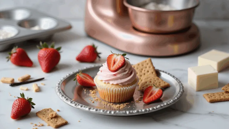 Ultra-detailed image of a luxurious strawberry cheesecake cupcake on a vintage silver plate, featuring pink swirled cream cheese frosting topped with a fresh strawberry half and graham cracker dust, set against a marble countertop with scattered fresh strawberries, cream cheese, graham crackers, and copper measuring cups, all captured in soft natural window lighting.