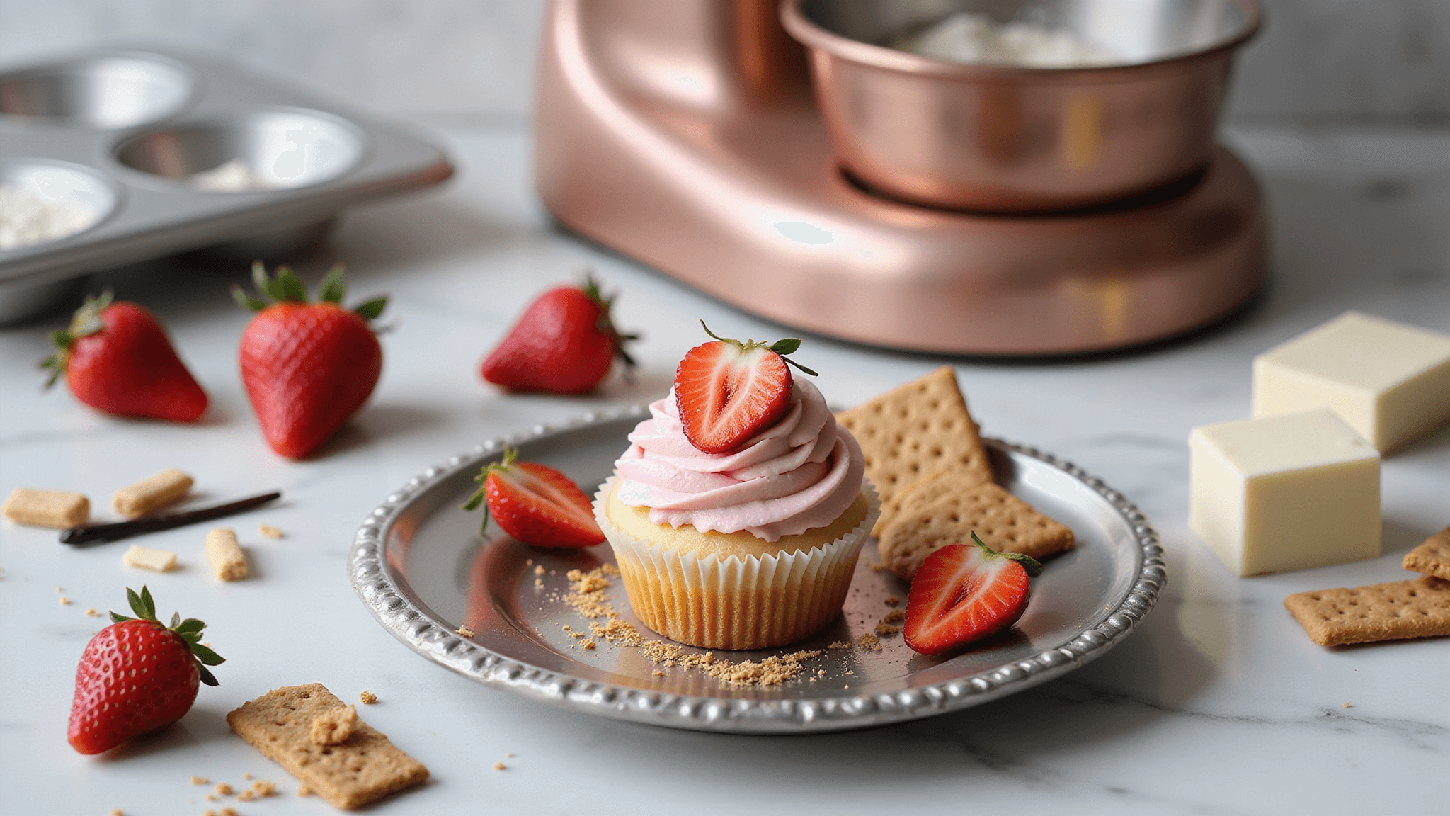 Ultra-detailed image of a luxurious strawberry cheesecake cupcake on a vintage silver plate, featuring pink swirled cream cheese frosting topped with a fresh strawberry half and graham cracker dust, set against a marble countertop with scattered fresh strawberries, cream cheese, graham crackers, and copper measuring cups, all captured in soft natural window lighting.