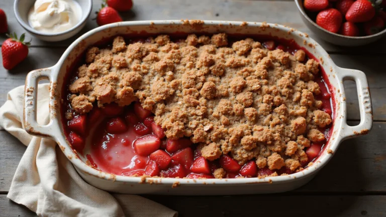 Overhead view of a freshly baked strawberry crisp in a rustic ceramic dish, with a golden-brown oat crumble topping and vibrant red strawberry filling. Steam rises from the dish, which is placed on a weathered wooden surface with a vintage cream linen towel, fresh strawberries, and a small bowl of melting vanilla ice cream nearby.