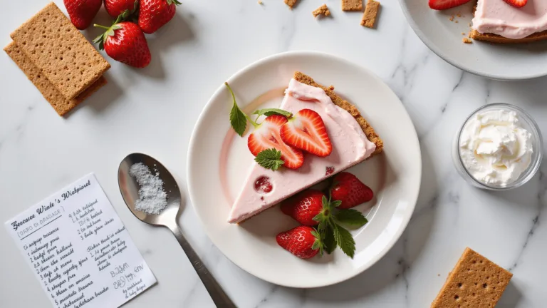 Overhead shot of a no-bake sugar-free strawberry cheesecake on a marble countertop, featuring a pale pink filling with strawberry pieces on a graham cracker crust, garnished with strawberry slices and mint leaves, surrounded by ingredients like fresh strawberries, whipped cream, and a sugar substitute.