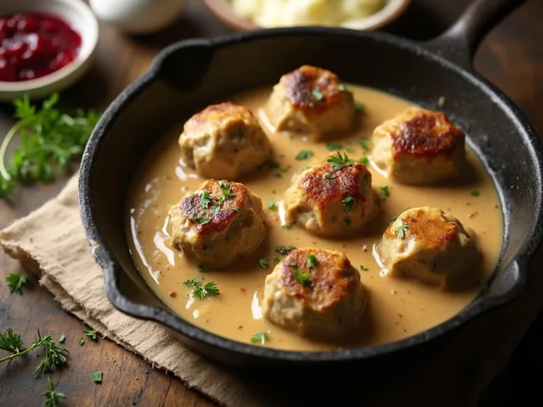 Photorealistic overhead view of golden-brown Swedish meatballs with creamy gravy in a cast-iron skillet, accompanied by lingonberry jam and mashed potatoes, with fresh parsley garnish.
