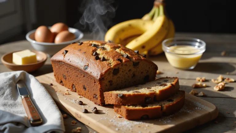 A photorealistic image of golden-brown banana bread on a rustic wooden board, partially sliced to show a moist crumb with banana pieces and melted chocolate chips. Warm steam rises, highlighted by side lighting. In the background are ripe bananas, eggs, melted butter, and chopped walnuts. Warm colors dominate with vintage napkin and butter knife beside the loaf.