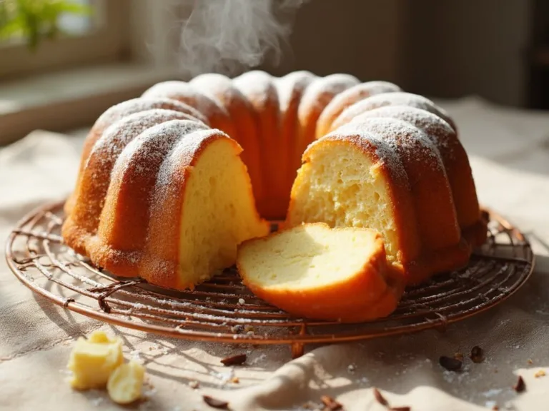 A golden-brown Bundt cake with deep ridges, dusted with powdered sugar, on a copper cooling rack, with steam rising, and a slice cut to show a tender crumb.