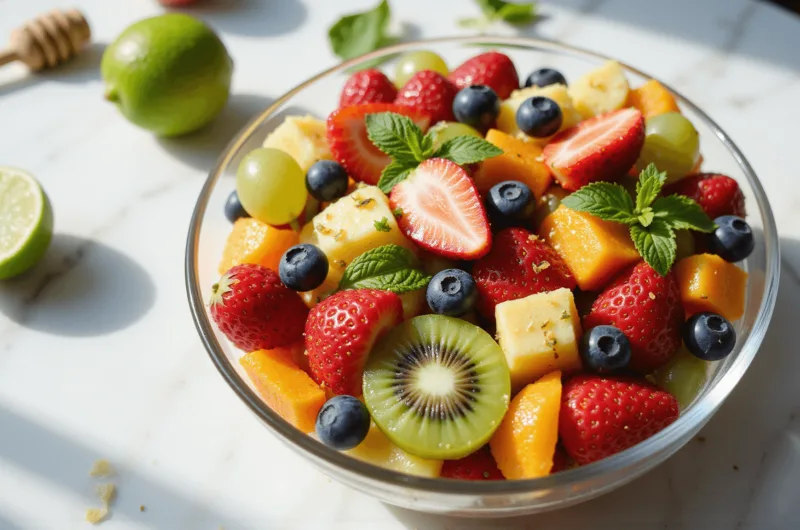 Vibrant fruit salad in a glass bowl on white marble, featuring strawberries, blueberries, grapes, kiwi, pineapple, and mandarin, with honey-lime drizzle and mint; soft sunlight and blurred background elements.