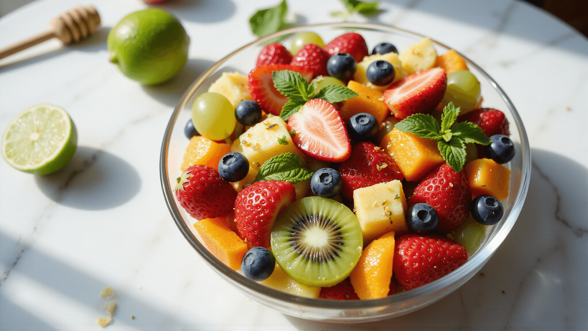 Vibrant fruit salad in a glass bowl on white marble, featuring strawberries, blueberries, grapes, kiwi, pineapple, and mandarin, with honey-lime drizzle and mint; soft sunlight and blurred background elements.