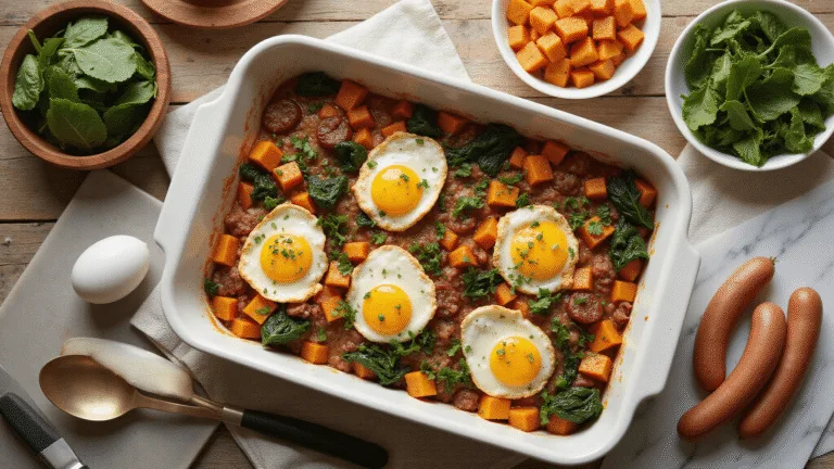 Photorealistic overhead shot of a rustic wooden table with a golden-brown breakfast casserole in a ceramic dish, featuring layers of sweet potatoes, sausage, spinach, and eggs, surrounded by fresh ingredients and kitchen tools in natural morning light.