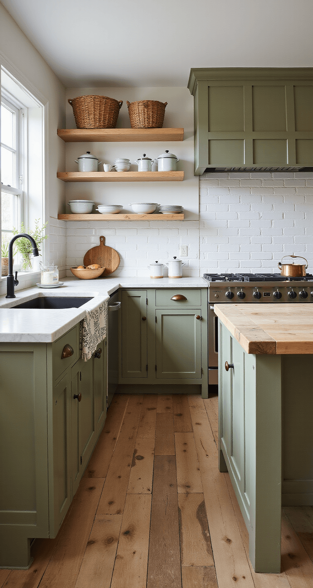A panoramic view of a 15x18ft farmhouse-style kitchen featuring olive green beadboard cabinets, a marble-topped butcher block island, and a white painted brick backsplash, all illuminated by soft afternoon light. The room showcases wide-plank reclaimed wood flooring, open shelving displaying vintage enamelware, and woven baskets for added texture, captured from an elevated angle with a 24mm lens.