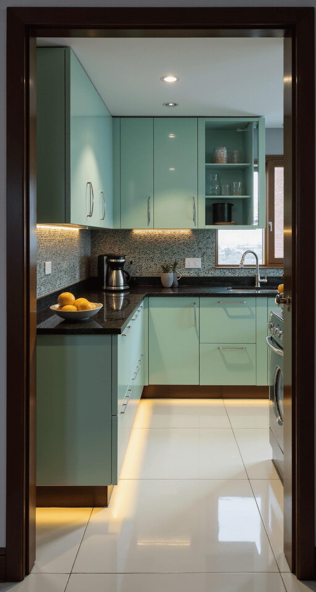 A contemporary kitchen featuring mint green high-gloss cabinets, black granite countertops, and an ambient glow from LED under-cabinet lighting, captured at twilight from a doorway perspective. The space includes oversized white porcelain floor tiles, a glass mosaic backsplash with metallic accents, and stylish decor like a sculptural fruit bowl and a sleek coffee station, all enhanced by mixed lighting.