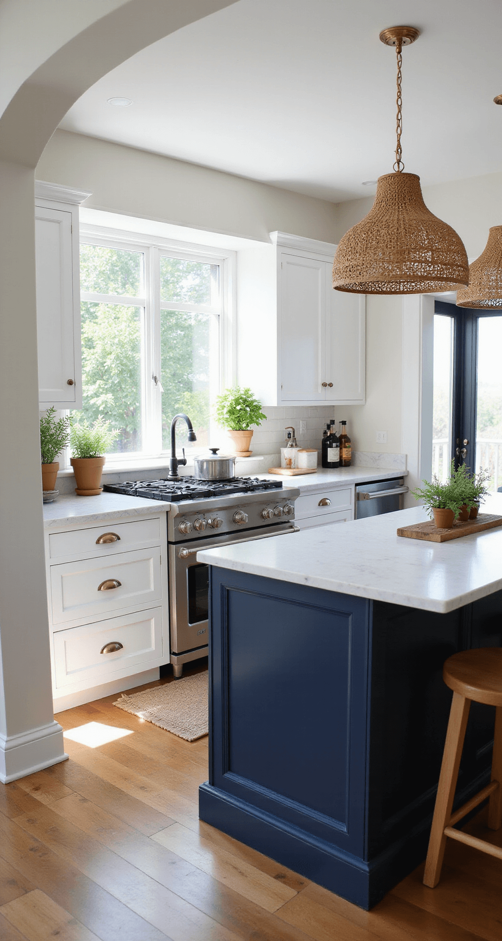 Spacious kitchen with white shaker cabinets and navy island, featuring Carrara marble countertops and professional-grade stainless steel range, illuminated by morning sunlight through large windows, styled with natural woven pendant lights, copper cookware, fresh herbs, and a vintage runner.