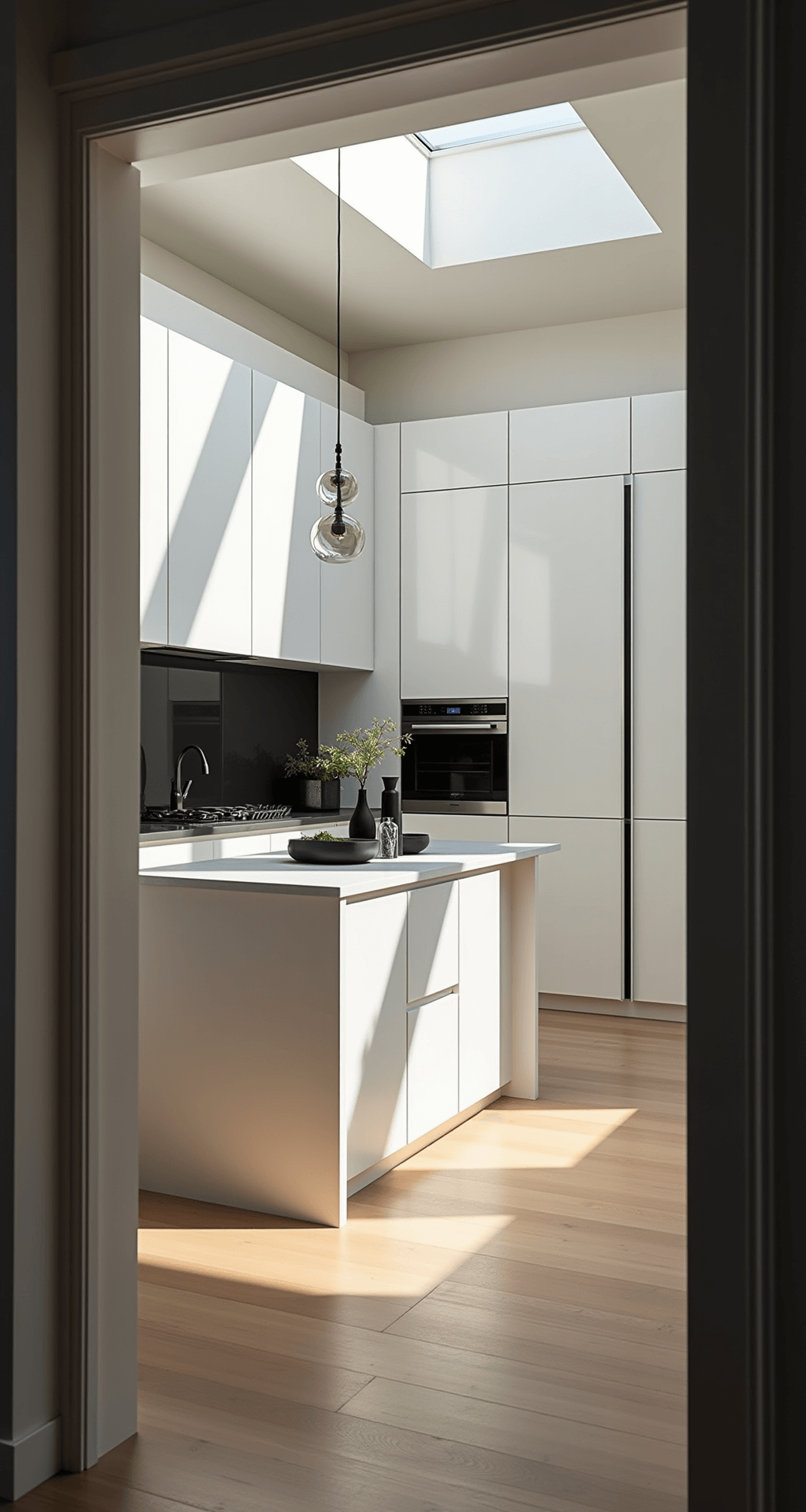 Modern minimalist kitchen featuring high ceilings, white cabinetry, and a waterfall quartz island, illuminated by golden hour light through skylights, with contrasting black hardware and sleek graphite appliances.
