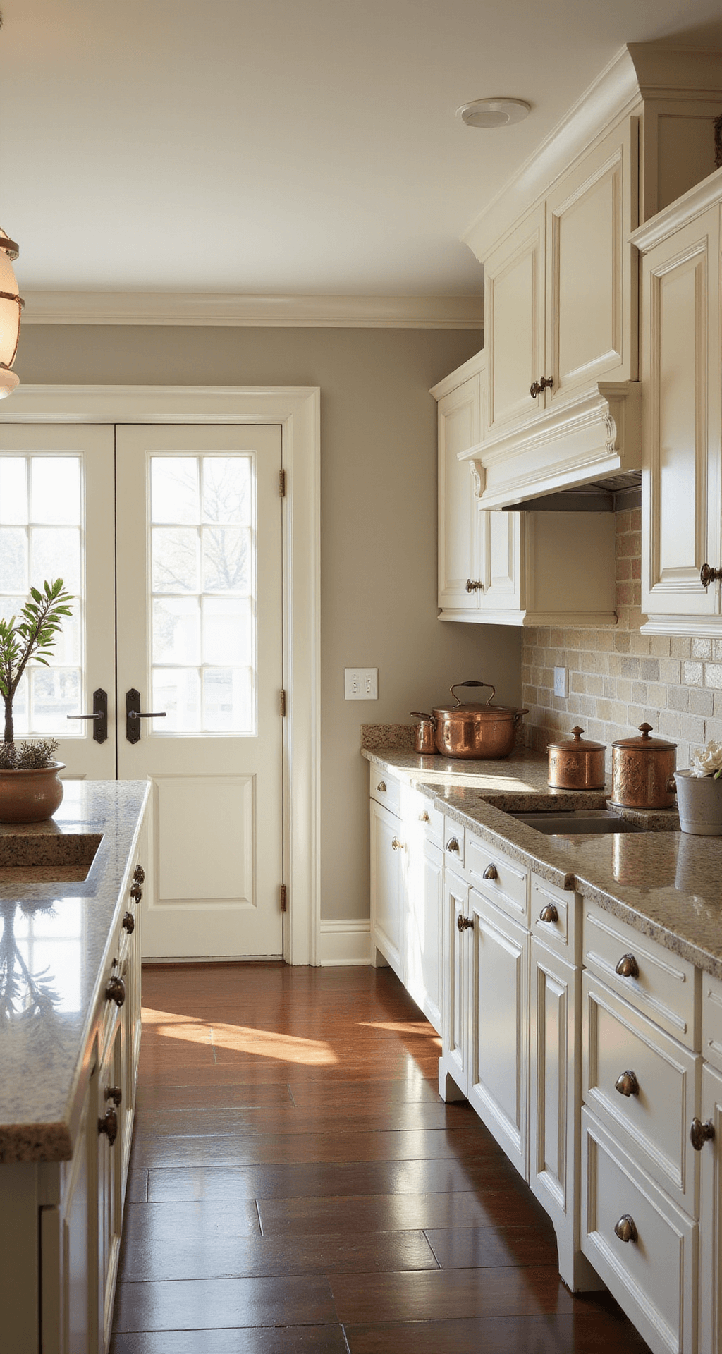 A spacious traditional kitchen with creamy white raised panel cabinets, ornate crown molding, and morning light streaming through French doors. Antique brass hardware, speckled beige granite counters, and a classic subway tile backsplash complement the warm decor of copper pots and ceramic canisters, captured from a slightly elevated corner angle.