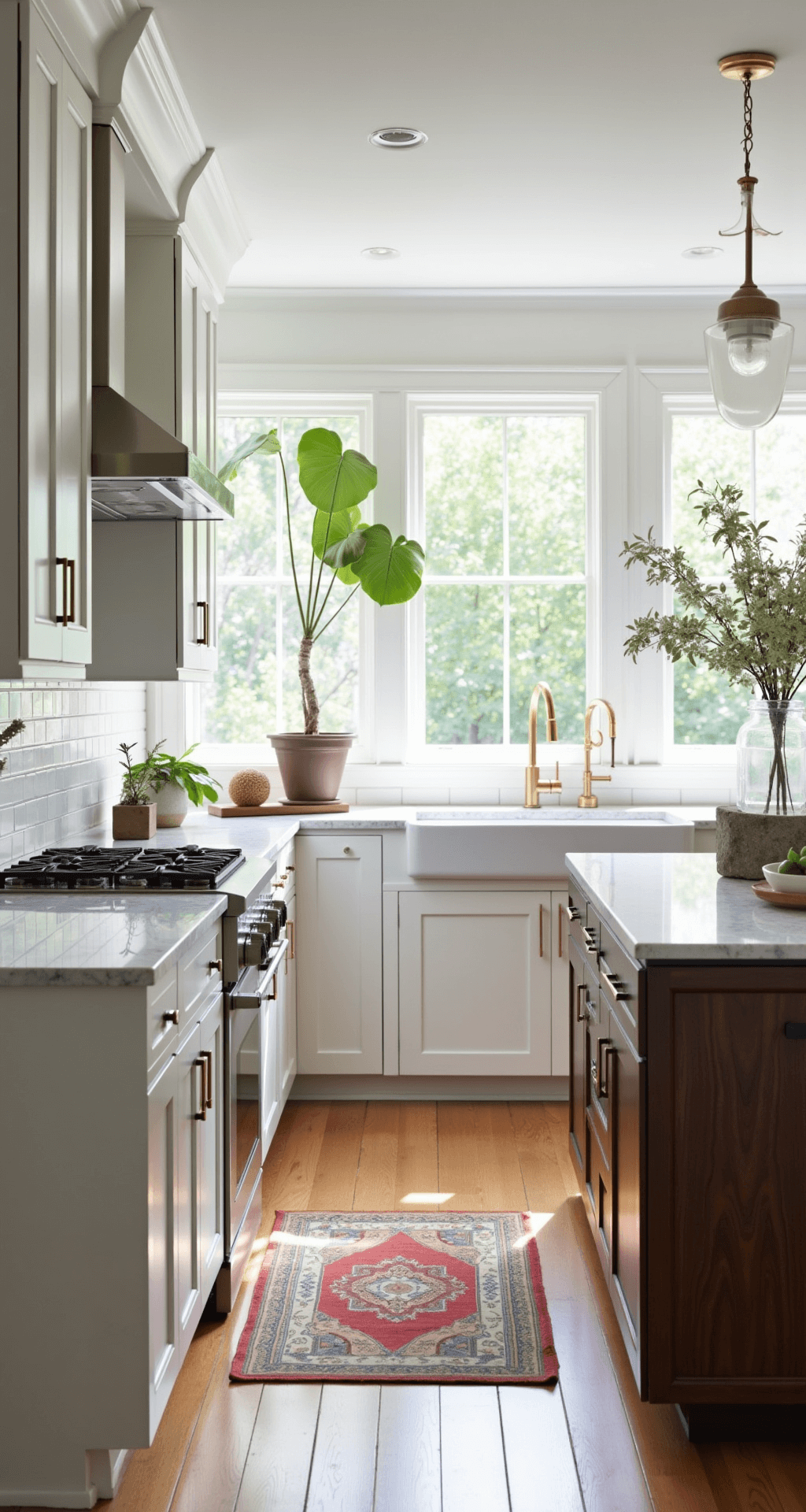 Bright corner kitchen featuring arctic white shaker cabinets, a walnut island with marble top, and floor-to-ceiling windows that allow abundant natural light. The space is enhanced with brushed gold hardware, white oak flooring, marble decor, a potted fiddle leaf fig, and a vintage rug, all captured from a diagonal entrance perspective.