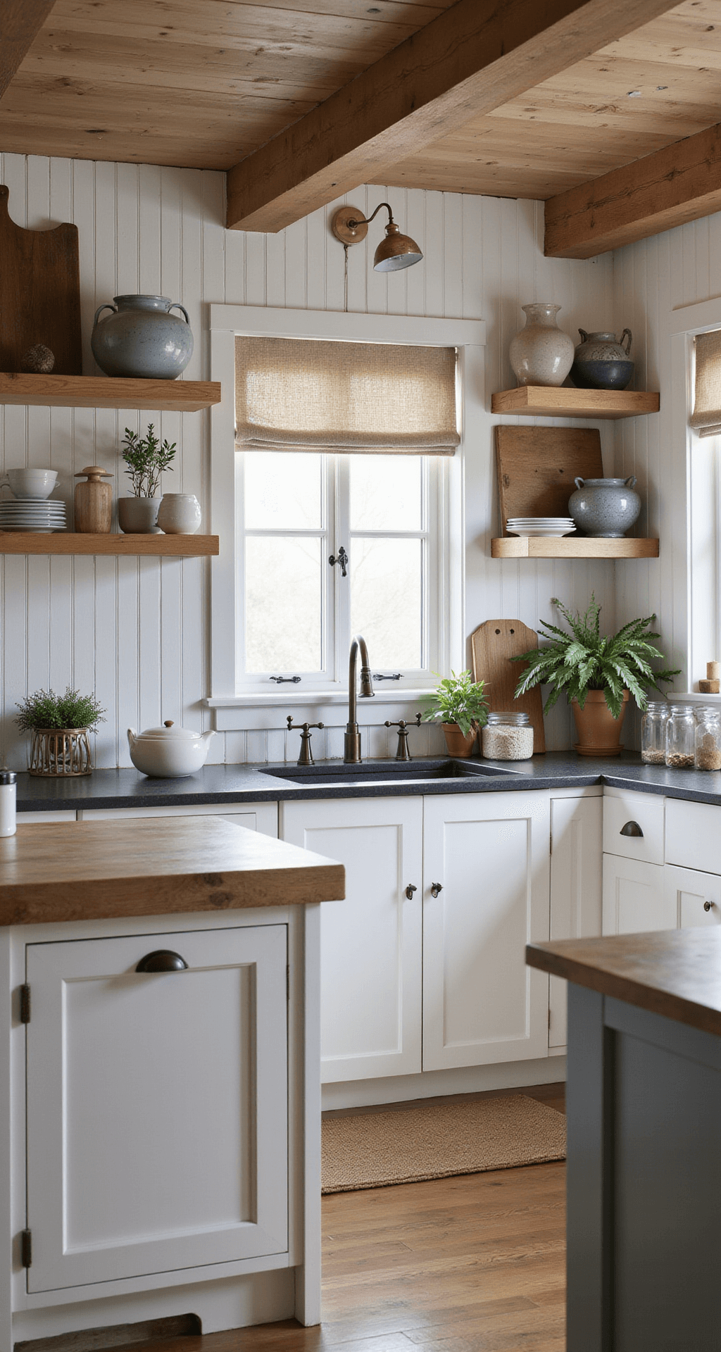 A cozy farmhouse kitchen featuring soft white beadboard cabinets and open shelving, illuminated by early morning light filtering through cafe curtains. The space showcases an 8ft ceiling with exposed wooden beams, a butcher block island, soapstone countertops, and oil-rubbed bronze hardware. Decor elements include ironstone pottery, wooden boards, and dried herbs, all contributing to a lived-in ambiance. Low angle view highlights the ceiling details with a focus on moody natural lighting combined with practical task lighting.