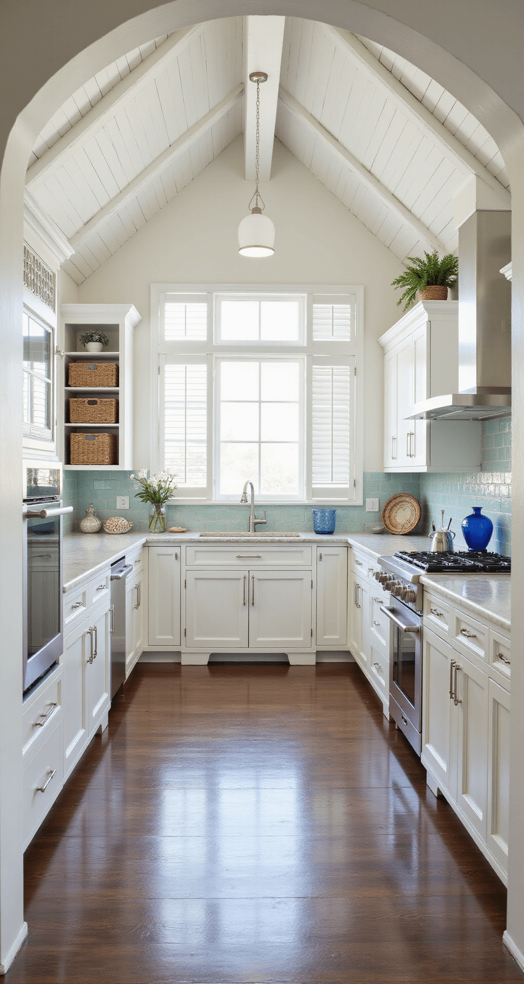 Bright coastal kitchen featuring white louvered cabinets with glass fronts, a cathedral ceiling with whitewashed beams, and light filtering through plantation shutters. The space includes a sea glass mosaic backsplash, honed marble countertops, and chrome fixtures, styled with blue glass vessels, woven baskets, and shell collections, captured from the entrance to showcase depth and a breezy atmosphere.