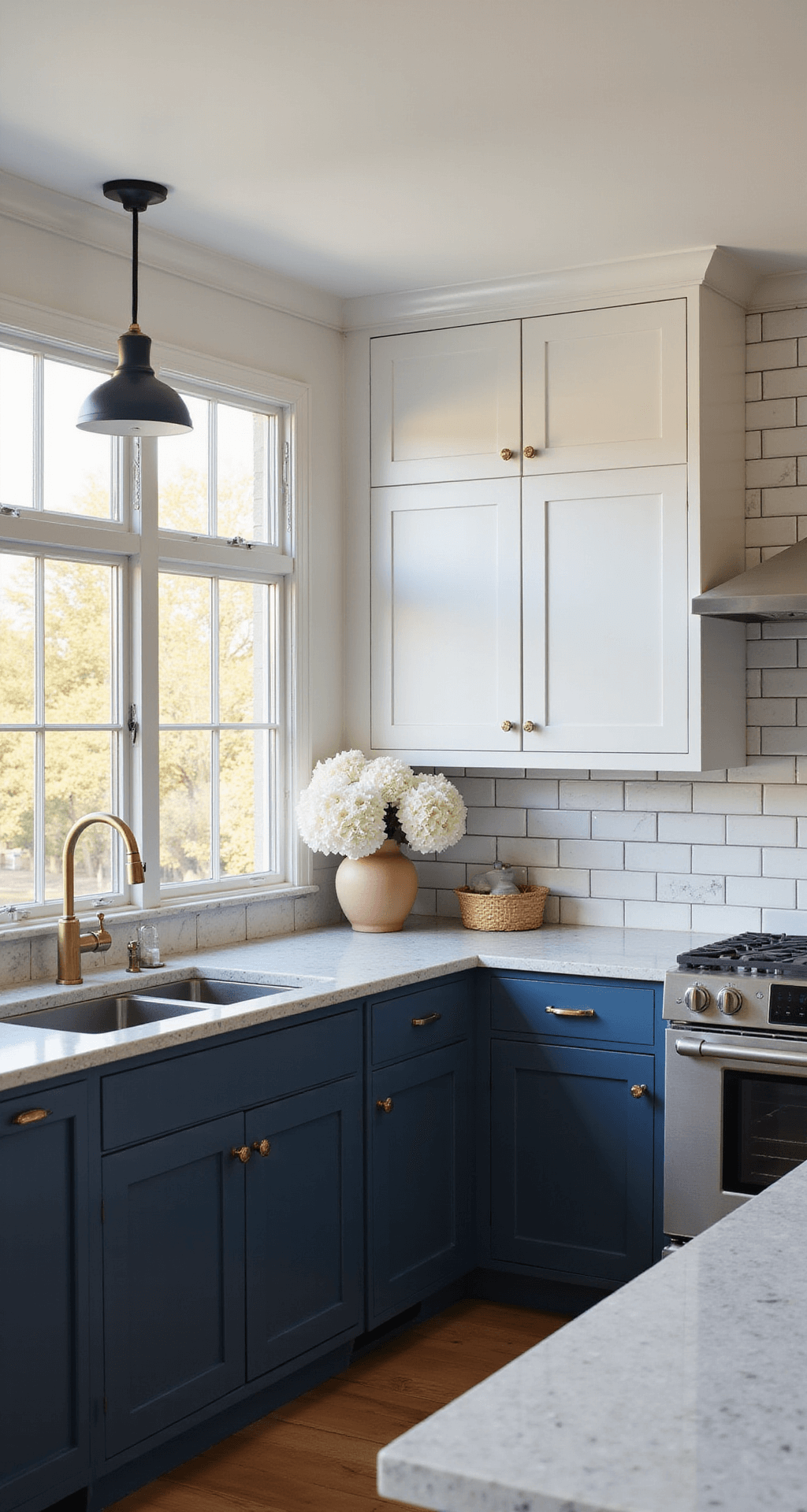Transitional L-shaped kitchen featuring navy lower cabinets and white upper cabinets, marble subway tile backsplash, gray limestone island with vintage matte black pendant lights, and natural light filtering through linen curtains, styled with white hydrangeas and artisanal pottery.