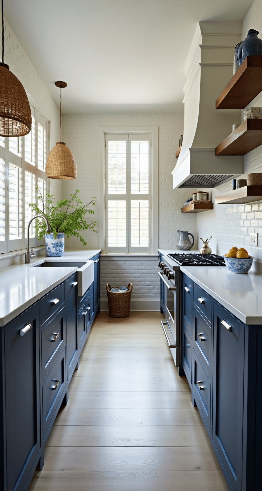 A coastal-inspired galley kitchen featuring navy shaker cabinets against whitewashed brick walls, with afternoon light casting shadows through plantation shutters. The kitchen includes polished nickel hardware, white soapstone counters, and rattan pendant lights, styled with blue-and-white chinoiserie and seagrass accents.