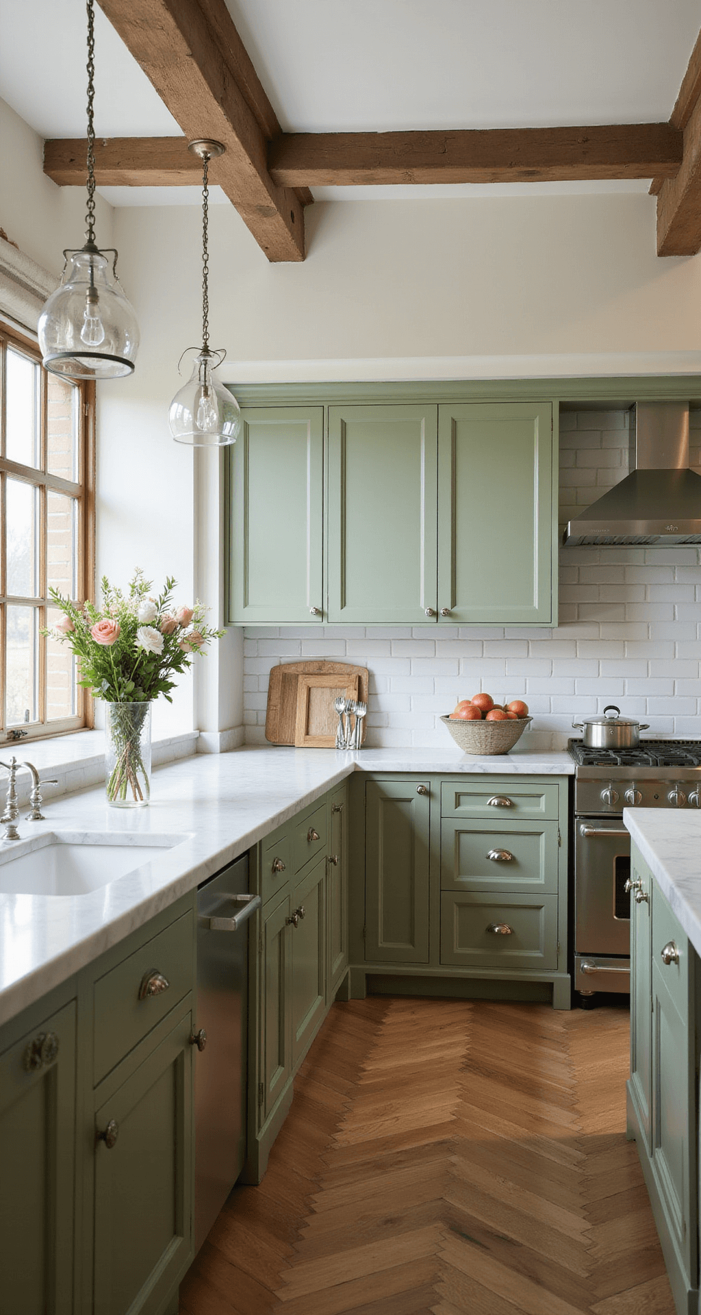 A spacious traditional kitchen featuring sage green perimeter cabinets and a darker olive island, with Carrara marble countertops, subway tile backsplash, and herringbone hardwood floors. The room is illuminated by morning light, highlighting exposed beams in the cathedral ceiling. The shot captures architectural details from a slightly elevated angle, showcasing fresh flowers and vintage silverware displayed on the counter.
