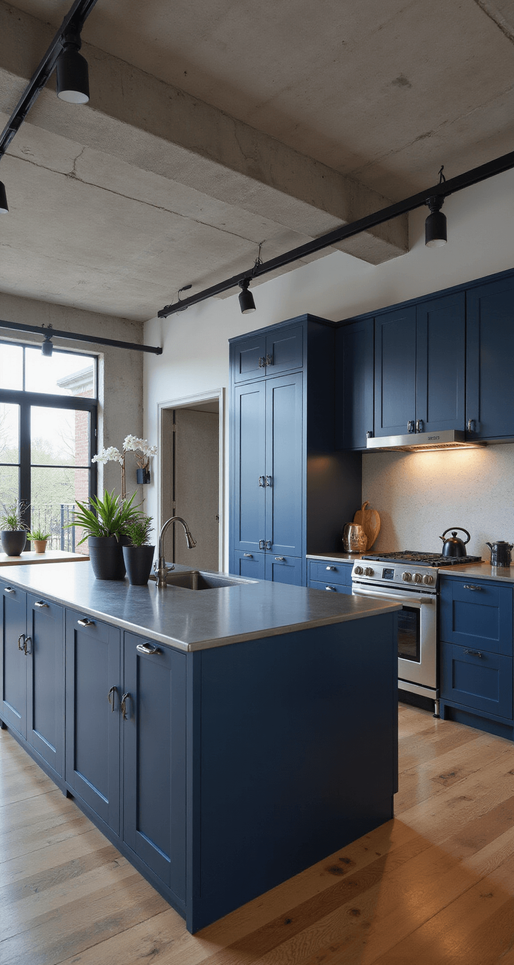 An elevated view of a 20x25ft industrial-modern open concept kitchen with navy flat-panel cabinets, black steel handles, exposed concrete ceiling, and track lighting, showcasing stainless steel appliances, zinc countertops, minimalist black ceramics, and architectural plants, flowing into a dining area.