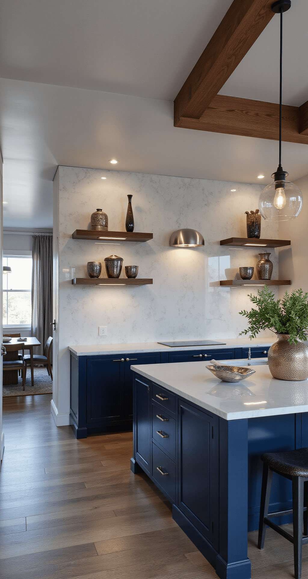 A contemporary open kitchen featuring glossy navy cabinets with integrated handles, a white marble backsplash extending to the ceiling, walnut floating shelves, and modern glass pendant lighting. The view is from the dining area, highlighting reflective surfaces, LED accent lighting, and stylish decor including modern art and metallic vessels.