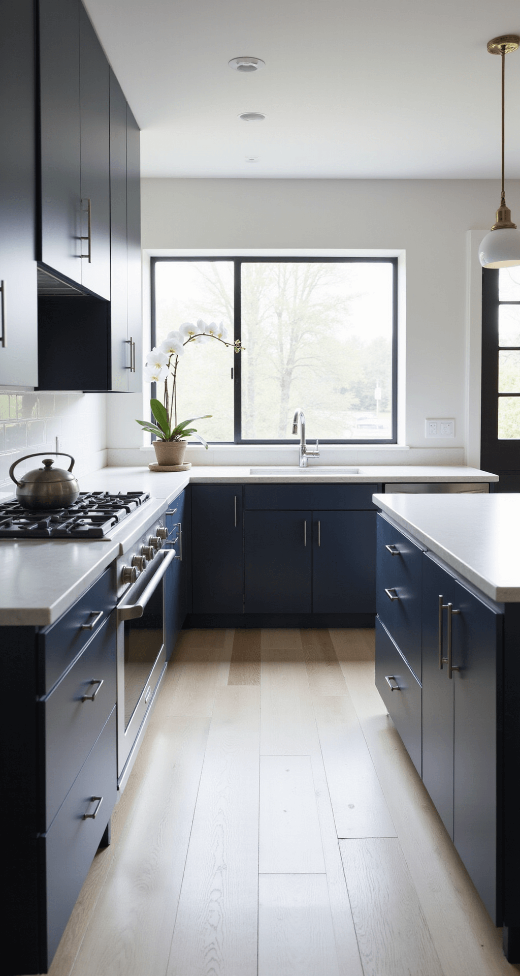 Minimalist kitchen with navy slab cabinets, white Corian counters, and bleached oak floors. Features a central island with waterfall edges, diffused afternoon light through frosted glass, and styled with a single orchid and monochromatic accessories, shot from above to emphasize geometric layout and clean lines.