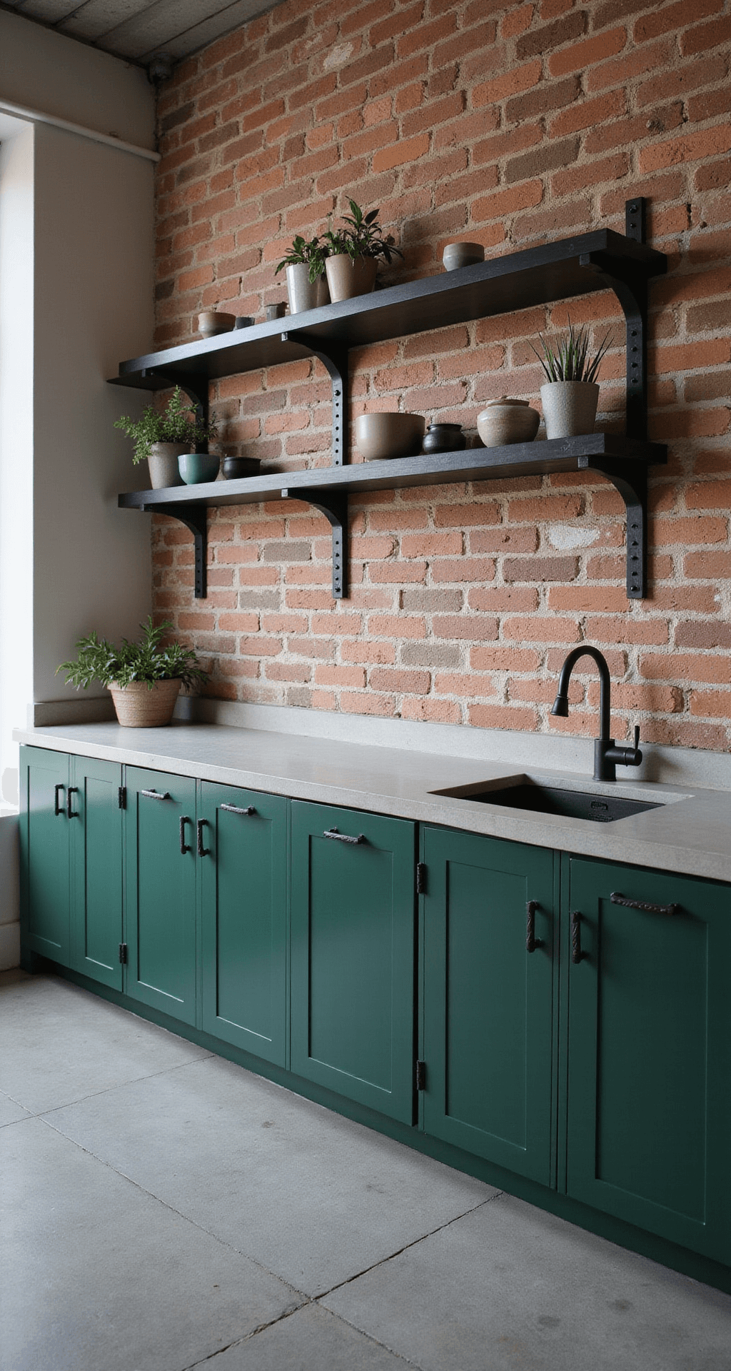 Industrial-modern kitchen featuring forest green metal cabinets, blackened steel handles, and concrete countertops with an integrated sink. Highlights include an exposed brick wall with floating steel shelves, polished concrete floors, and minimalist decor with potted succulents. The image captures strong directional lighting and clean lines, shot at eye level with a 50mm lens.