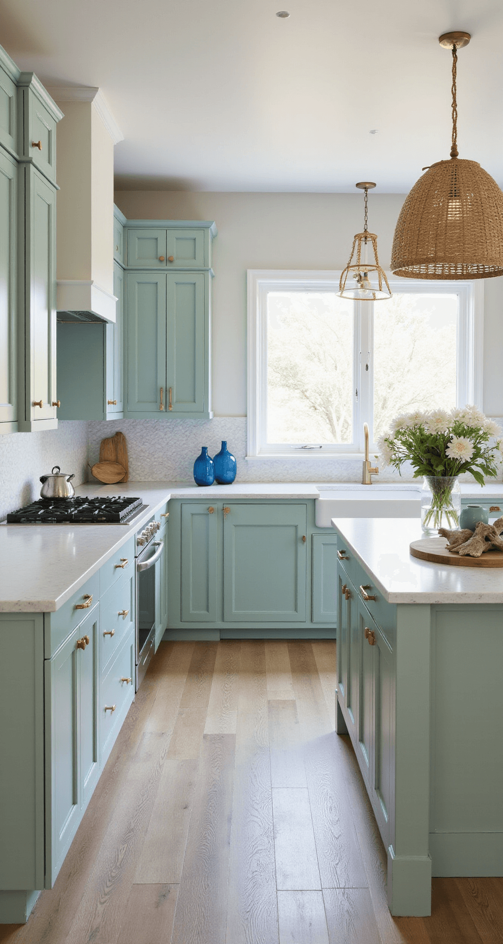 A coastal kitchen featuring seafoam green raised-panel cabinets with rope pulls, white shell stone countertops, and a wave-pattern tile backsplash, illuminated by diffused afternoon light. The space has bleached oak floors, rattan pendant lights, and is styled with blue glass vessels and driftwood accents, captured from a corner angle to show the full cabinet run and island.