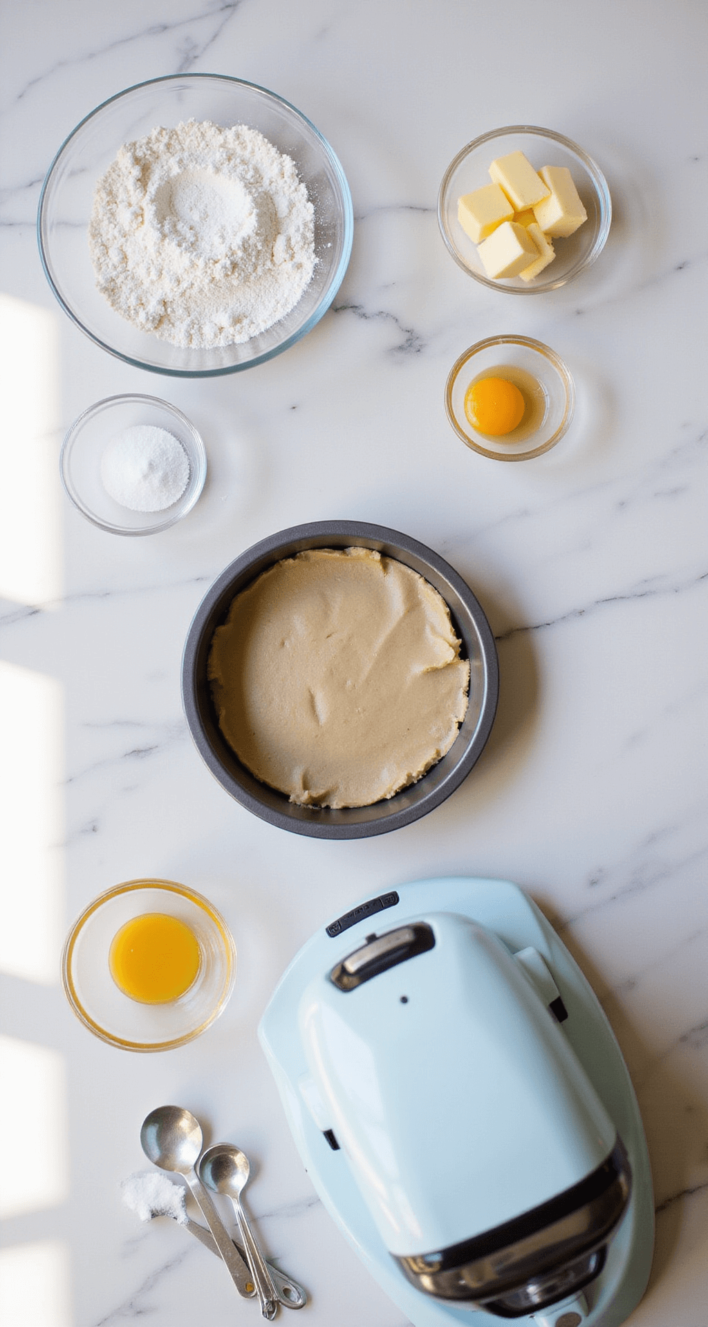 Overhead shot of a white marble countertop with measured ingredients in glass bowls, a 4-inch round cake pan lined with parchment paper, measuring spoons, and an electric mixer, illuminated by natural light.