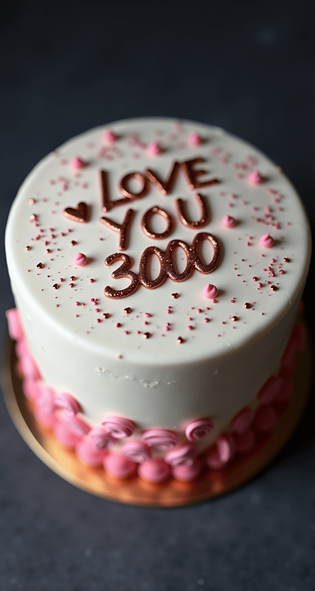 Close-up of a 4-inch mini bento cake with smooth white whipped cream frosting, decorated with piped rose-gold hearts, edible gold leaf, and tiny heart sprinkles, featuring a hand-piped 'Love You 3000' message in metallic rose-gold buttercream against a dark charcoal backdrop.