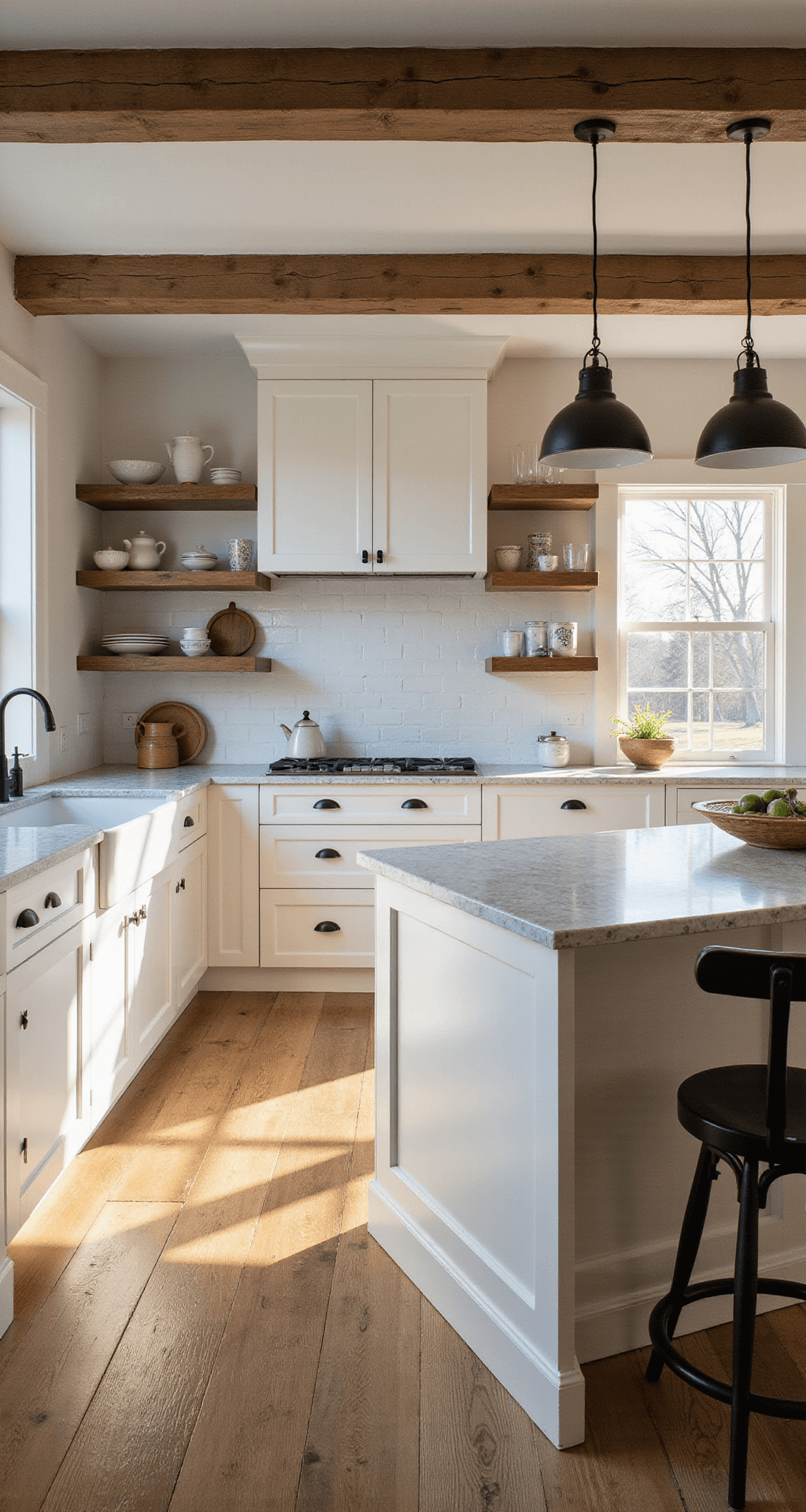 A bright modern farmhouse kitchen featuring white Shaker cabinets, a marble-topped island, and wooden beams, illuminated by morning light through large windows, with artisanal pottery on floating shelves and wide plank white oak flooring.