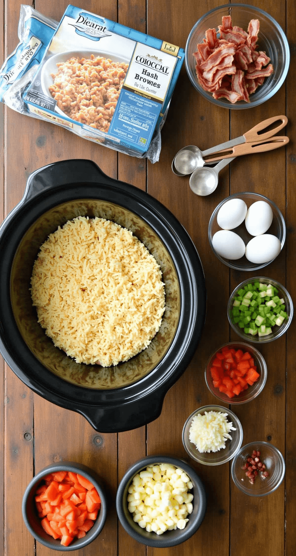 Overhead view of a rustic kitchen counter with frozen hash browns, farm-fresh eggs, crispy bacon, and colorful diced vegetables in glass bowls, alongside a large slow cooker, illuminated by natural morning light.